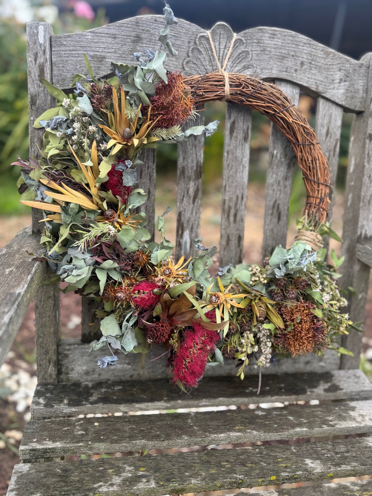 Suzanne & Jeffrey Wreath- Large Native Wreath with Red & Gold highlights