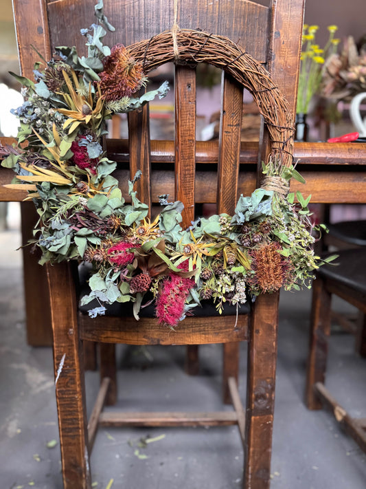 Suzanne & Jeffrey Wreath- Large Native Wreath with Red & Gold highlights