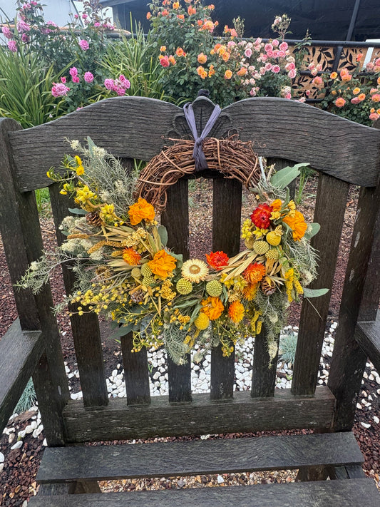 Bush and Bloom Wreath (Small / with Bright Yellows)  - Australian native & seasonal flowers grown and dried on our farm